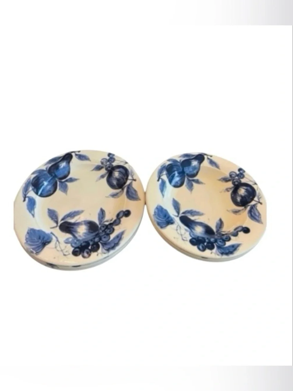 Pier 1 Earthenware Melinda blue fruit pears (3) soup bowls & (3) dinner plates